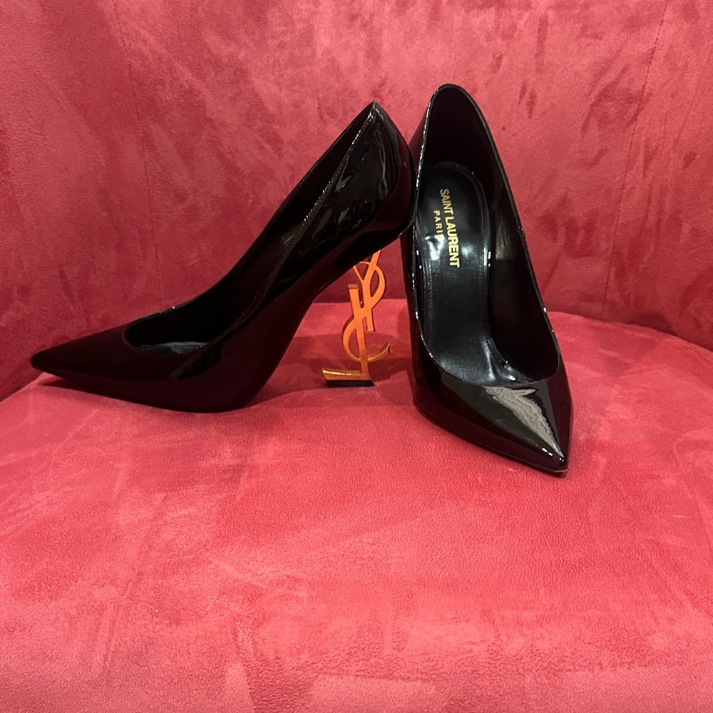 Yves Saint Laurent Glossy Black Heels with Gold Accent